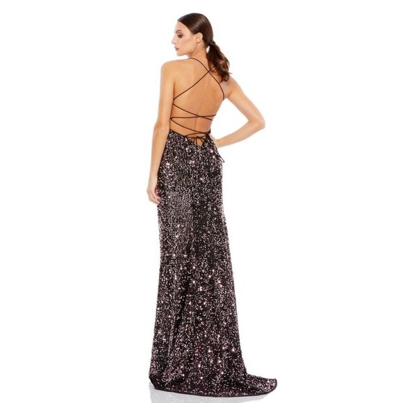 NWT Mac Duggal Stretch Sequined Open Back Lace Up Gown Black Rose 8 #8476 - Picture 4 of 8